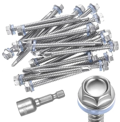 Moqinai 25 viti autofilettanti in acciaio inox 401, viti trapezoidali per lamiera con guarnizione, M6,3 x 75 mm, viti autoforanti con rondella di tenuta, viti esagonali per lattoniere, con chiave a