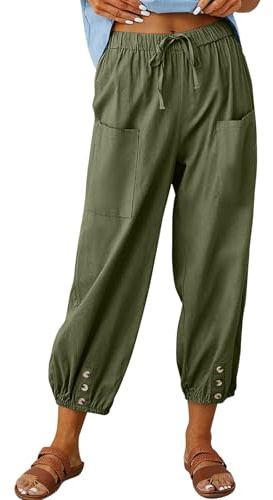 Pantalones Mujer Verano Frescos Ligeros Anchos 7/8 Pantalón Largo Cintura Elástica Cómodos Algodón Pantalones Harem Verde Militar M
