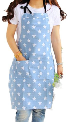 JameStyle26 Stern Schürze aus Baumwolle & Leinen Star Damen Küchenschürze Latzschürze Kochschürze mit Tasche Kochen Backen (Türkis)