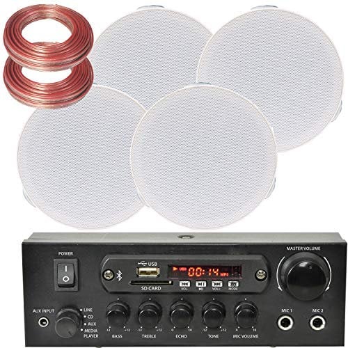 Bluetooth Ceiling Music Kit - PRO 110W Amplifier & 4x Mini 4” Low Profile Ceiling Speakers - Stereo HiFi Wireless Background Sound System – Café, Restaurant, Home Cinema, Pub, Shop