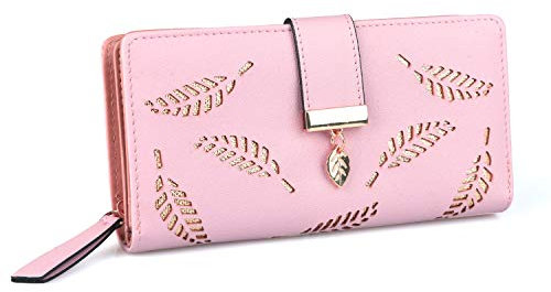 HXT-OAK Portefeuille en Cuir PU pour Femme avec découpe Feuille Pendentif Feuille 12 emplacements pour Cartes et Organiseur à glissière pour pièces de Monnaie Rosé