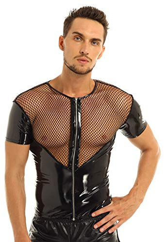ranrann Men's Shiny Metallic PVC Leather Fishnet Splice T-Shirt Short Sleeve Zipper Front Tops Black Medium
