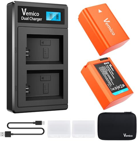 Vemico NP-FW50 Akku Ladegerät Kit 2 Pack 1200mAh Ersatzakkus Typ C LCD Dual Ladegerät für ZE-V10 Alpha A6000, A6400, A6300, A6500, A7II, A7RII, A7SII, A7S2, A7R, A7R2, A55, RX10 Kamera