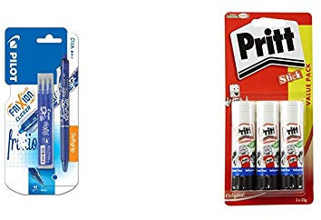 Pilot Frixion Clicker Erasable Retractable Rollerball 0.7 mm Tip Pen with Three Refills - Blue, Single Pen & Pritt Stick Original Glue Stick - Multi Pack 3 x 22g - Childproof and washable