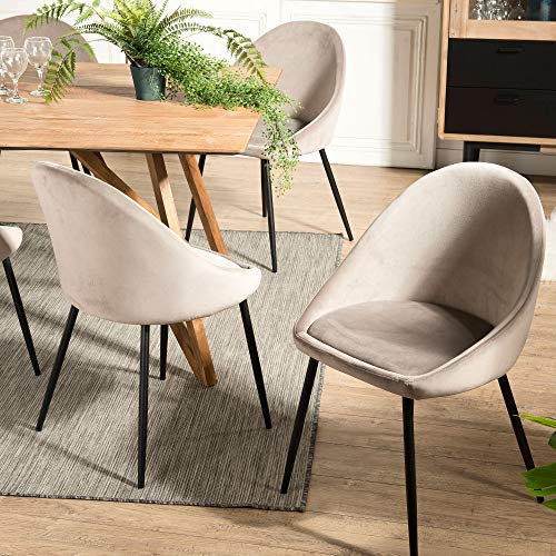 MACABANE Tom - Lot de 2 chaises Velours Chamois Beige Pieds métal Noir