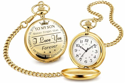 eBoutik - ‘to My Son’ Pocket Watch – Classic Vintage Fob Watch with Chain – Quartz Pendant Timepiece – Wedding Meaningful Gift for Son – Retro Keepsake for Him