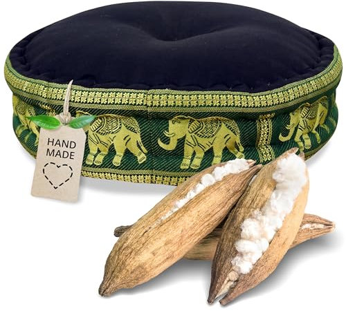 livasia Meditationskissen mit Thaiseide - Ø 45x15cm - Yogakissen mit Kapok, Pouf, Bodenkissen für Yoga und Zen Meditation, Sitzkissen für Garten und Balkon, Zafukissen (Schwarz/Grün/Elefanten Seide)