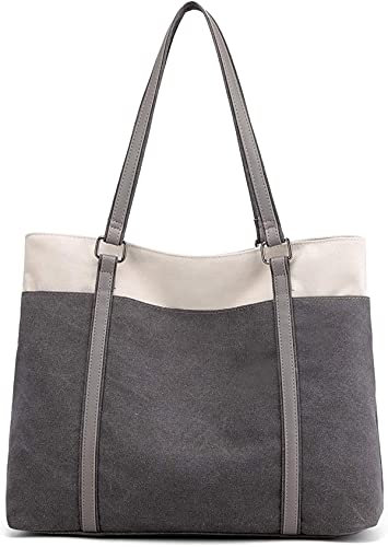 JANSBEN Damen Handtasche Schultertasche Canvas Casual Groß Tasche Shopper Elegant für Büro Schule Arbeit (Grau)