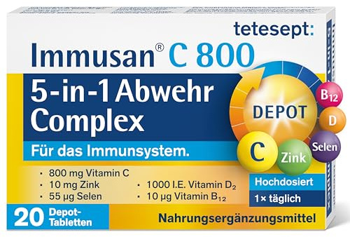 tetesept Immusan C 800 5-in-1 Depot Complex, 1 x 90 Tabletten | Nahrungsergänzungsmittel für das Immunsystem, mit Vitamin C, D, B12, Zink & Selen, 3 Monatspackung