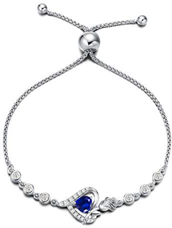 Agvana Damen Armband Herz, 925 Sterling Silber Geburtsstein Armbänder, September Birthstone Erschaffener Saphir Rose Blume Herz Verstellbare Armband Edlen Schmuck Geschenk für Frauen Ehefrau Mama