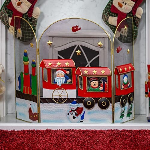 The Christmas Workshop 86019 Santa & Snowman Train Decorative Fireguard/Tree Guard Metal Mesh Screen/Indoor Christmas Decorations / 91cm x 63cm