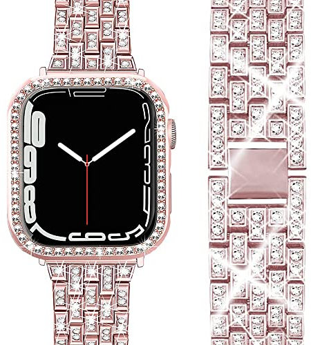 Miimall Cinturino con Custodia per Apple Watch Serie 9/8/7 41mm, Bling PC Case Protettiva, Cinturino di Ricambio Sottile con Strass, Band in Acciaio Inossidabile per Apple Watch Serie 9/8/7, Rosa