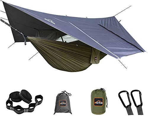 AnorTrek Hamaca de Camping con Red Anti-Mosquitos y Lona Impermeable, Hamaca Doble Portátil con Dos Correas para Árboles, Hamaca de Nylon 210T y Conjunto de Lona Impermeable