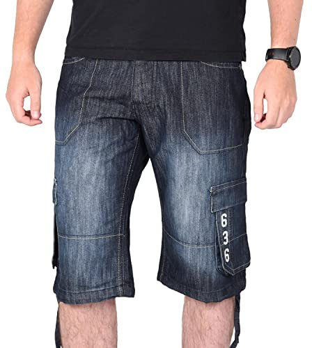 True Face Mens Shorts Cargo Pockets Denim Combat Chino Button Up Flat Front Army Workwear Knee Length Straight Leg Casual Summer Work Half Pants Bottom Size 38 Dark Wash