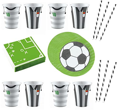 48 Teile Set Geschirr Fußball Kicker Party Geburtstag EM WM Fußballtreff Teller Becher Servietten Party Geschirrset aus Papier Kinder und Erwachsene für bis zu 8 Personen