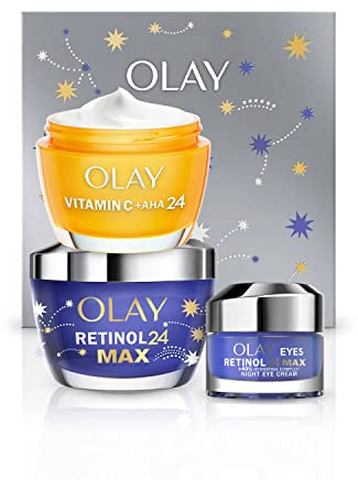 Olay Giftset With Vitamin C+AHA24 Moisturiser, Retinol24 Max Night Cream And Eye Cream for Smooth & Glowing Skin, Limited Edition Gift Box