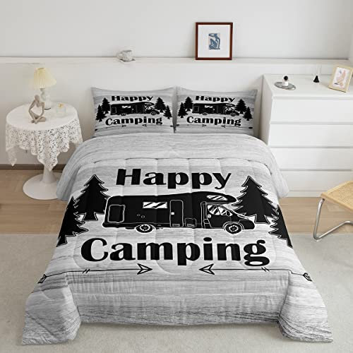 Camper Tröster-Set Happy Camping Bettwäsche 155 x 220 für Kinder Teenager Jungen Mädchen Retro Bettbezug Landhausstil Zimmer Dekor Schwarz Skizzenzeichnung Weiche Daunendecke mit 2 Kissenbezüge Grau