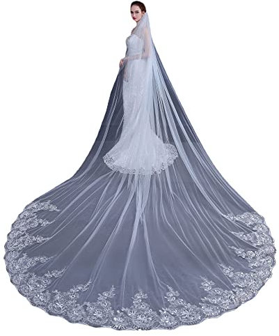 XIUWOUG Einfache und Elegante Schleier Hochzeitsschleiers Lange Kathedrale Kathedrale Blumenpailletten Spitze Spitze 4metr 1 Stock mit Kämmen Haarzubehör für Frauen und Mädchen,Weiß