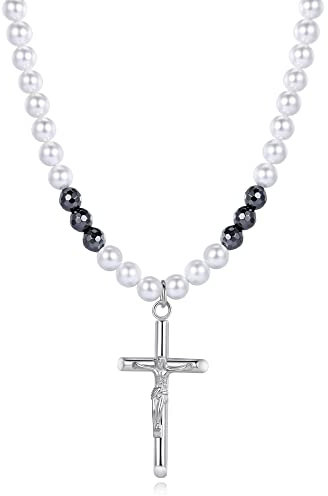 GAVU Geschenkidee Perlen Hämatit Halskette mit Kreuz Anhänger für Damen und Herren 50cm