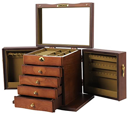 Schmuckschatulle aus Holz Schmuckkästchen mit 5 Ebenen Retro Schmuckkasten mit Spiegel, Schublade und Schlüssel Braun