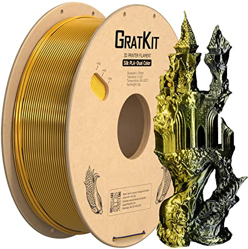 GratKit Dual Color Silk PLA Filament 1,75mm 1kg Spule, Zweifarbiges 3D-Drucker Filament mit +/-0,03mm Präzision, Einfach zu drucken, Gold Und Schwarz
