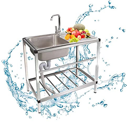 Spültisch Edelstahl, Freistehende Edelstahl Spültisch, Multifunktionswaschbecken Küche Einzeltank Spüle Mit Wasserhahn Für Indoor Outdoor, Quadratische Spüle Für Badezimmer, Restaurant, Bauernhaus (C