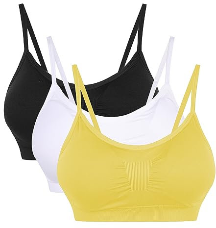 Vertvie Womens Strech Duenn Ohne Buegel Push up Yoga Sports BH Bra Top Set Fuer Fitnesstraining Polsterung 3er Pack (Weiß + Schwarz + Zitronengelb, EU M/Tag L)
