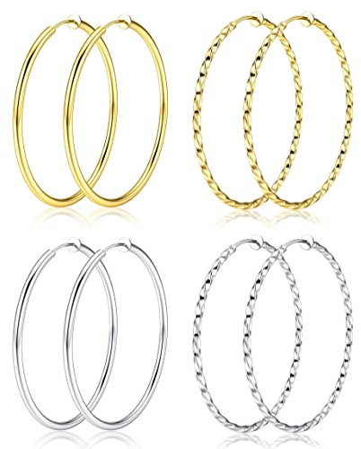 Kakonia 4 Paar Ohrclips Creolen für Damen Clips Creolen Gold Silber Groß Bicolor Non Piercing Ohrringe Ohr Knorpel Ohrpiercing Hypoallergen Schmuck Set für Damen 30/40/50/60mm