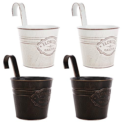 CITÉTOILE Juego de 4 macetas colgantes grandes para balcón con agujero de drenaje, maceta colgante de metal exterior para plantas, flores, macetas para colgar vintage, blanco + negro
