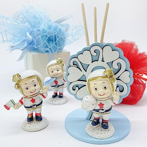 Doni Bomboniere Albero della Vita in Legno Celeste e Bianco, con statuina Astronauta. Celebrazione Nascita, Battesimo, Primo Compleanno o Feste Tema Spazio per Bambino, Maschietto (10 - Albero)