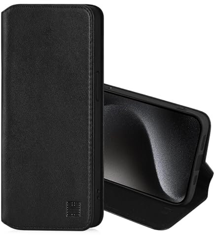 32nd Classic Series 2.0 - Real Leather Book Wallet Flip Case Cover For Apple iPhone 15 Pro (6.1), With RFID Blocking Card Slot, Magnetic Closure and Built In Stand - Black