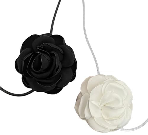 XNIVUIS Lot de 2 colliers ras du cou vintage en forme de rose noire et blanche pour femme avec lacets chaîne en tissu réglable, collier rose pour femmes et filles, mariée, fête de mariage, 5 * 5cm,