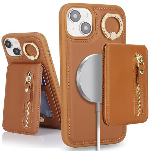 SailorTech iPhone 13 Phone Leather Case with Credit Card Holder Magsafe, iPhone 13 Case Ring Stand with Kickstand Card Slots Wallet Detachable 2-in-1 Zipper Case - Brown