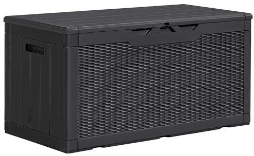 MARIVIA Greesum 100 Gallon Resin Deck Box Lockable Large Outdoor Storage Boxes for Garden Tools, Patio Furniture Cushions, Pool Supplies, Black