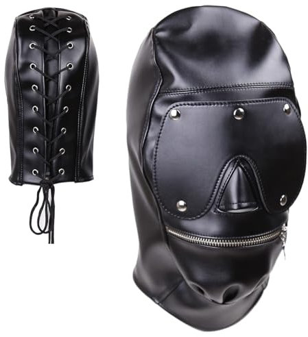 OKAYOK Bondage Maske Leder Kopfmaske Abnehmbare Augenmaske und Mund mit Reißverschluss Vollmaske SM Ledermaske Hood Einstellbar Erotik Fetisch Rollenspiel Sexspielzeug für Paare Männer Frauen
