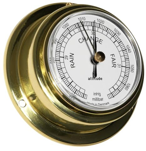 DELITE Barometer Altitude Messing poliert, Glas aus PMMA Acryl, Genauigkeit +/-7hPa, Durchmesser 95 mm, von vorne bedienbar, Made in Dänemark