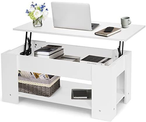 COSTWAY Lift Up Top Coffee Table, Wooden Lifting Cocktail Center Table with Hidden Storage Compartment and Open Shelf, Adjustable Rectangular Sofa Side Tea Table for Living Room Office (White)