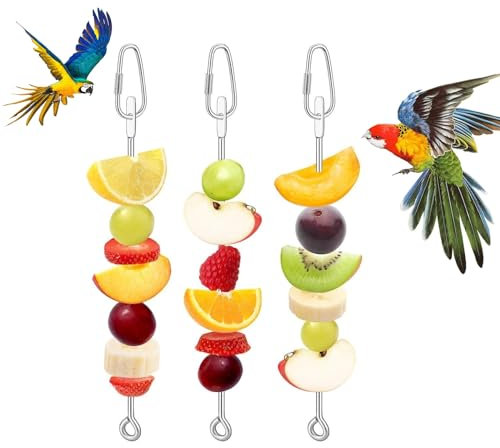 Cosmiro Bird Cage Food Holder, 3Pcs Stainless Steel Fruit Vegetable Skewer, Foraging Toy for Parakeet Budgie Macaw