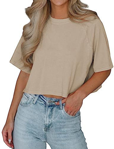 Imily Bela T-Shirt Damen Sommer Kurzarm Basic Crop Tops Casual Oversize Sport Oberteile(Khaki,L)
