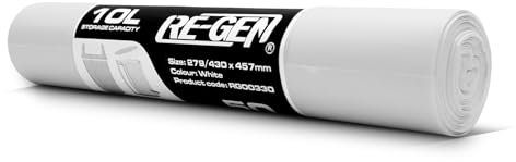 RE-GEN 10L White Swing, Pedal, Square Bin Liners Refuse Sacks (1 Roll, 50 Bags) Everyday, Office & Home Use | Industrial Strength Rubbish Garbage Bags 279/430 x 457mm