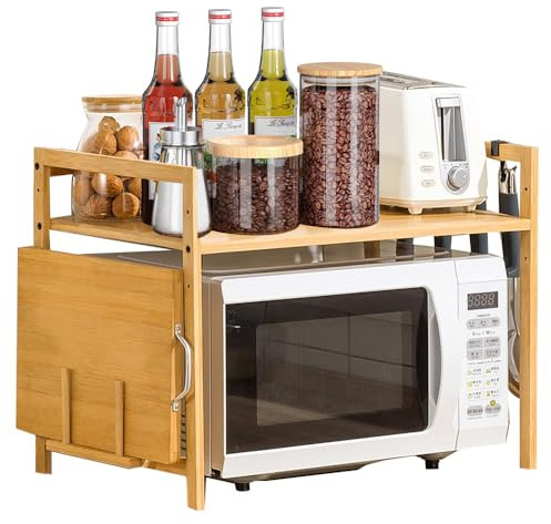 Eumatenova Soporte Microondas de Madera, Estante para Horno de Microondas, Estante Ajustable, Rejilla para encimera de Cocina Organizador Estanteria Mueble con 4 Ganchos (2 Niveles)
