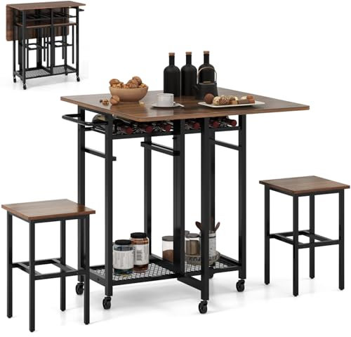 TANGZON 3 Piece Dining Table Set, Folding Drop Leaf Dining Table and 2 Stools with Wine Rack, Shelves & 5 Wheels, Rolling Space Saving Home Kitchen Pub Breakfast Bar Table Sets (Walnut + Black)