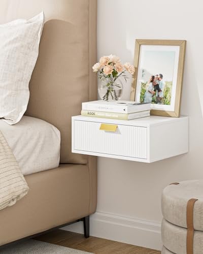 HEYZOEY Nachttisch, Beistelltisch Rattan,Moderner Schwebender Nachttisch Mit Schublade,Nachttischmöbel, Night Stand, Beistelltisch für Schlafzimmer, Wohnzimmer, Weiß