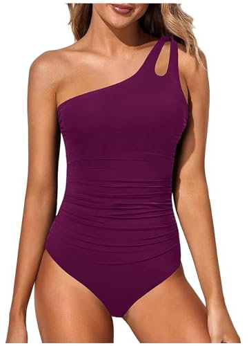2024 - Costume da bagno intero da donna AI con spalle oblique, 1 pezzo, costume da bagno da spiaggia, Viola, M