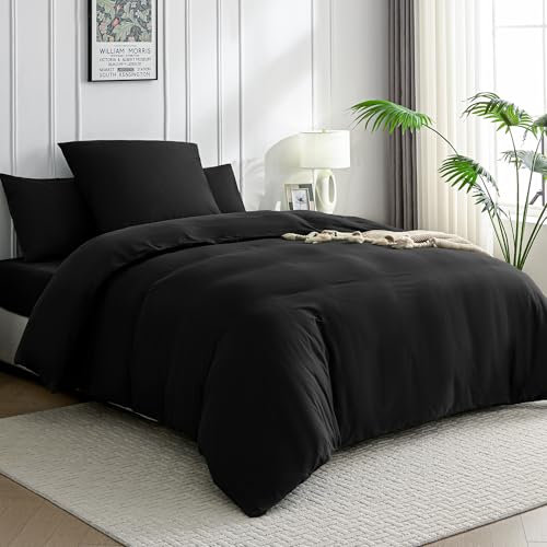 JELLYMONI Bettwäsche 135x200 Baumwolle Bettwäsche-Sets Schwarz Oeko-Tex 100% Gewaschene Baumwolle Bettbezug mit Reißverschluss und Kissenbezug 80X80 mit Umschlag Weich 2-Teilige Bettwäsche