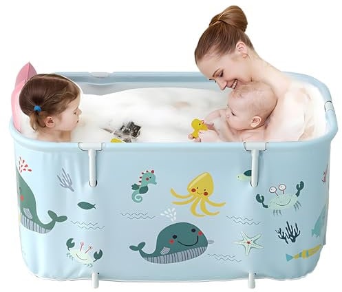Warmiehomy Portable Foldable Bathtub for Adults,120X50X55cm Freestanding Soaking Bathtub with Cushion and Backrest,Hot Bath Ice Bath SPA Tub for Shower,Folding Bathtub for Adults Kids,Ocean Style