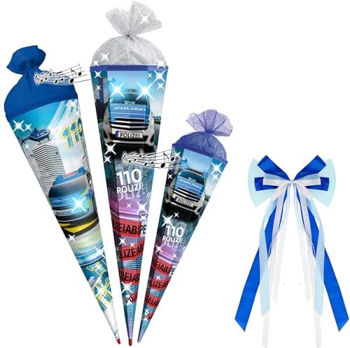 alles-meine.de GmbH Schultüte - mit 3D Glitzer - Effekt ! - Polizei Fahrzeug & Helikopter - 70-100 cm - Größe wählbar - 6 eckig - incl. große Schleife - Tüll Abschluß - mit HOL..