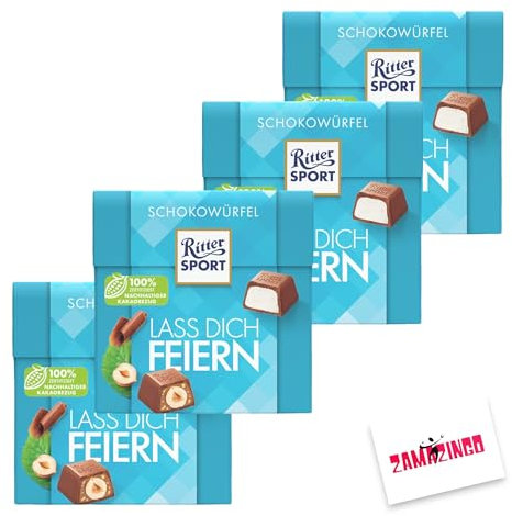 Ritter Sport Lass Dich Feiern Schokowürfel 22 stk. 176g (4er Pack) | Happy Birthday Pralinen zum schenken + Zama4Zingo Karte