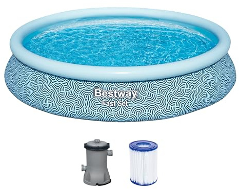 Bestway Fast Set Aufstellpool-Set mit Filterpumpe, Ø 457 x 84 cm, 9.677 Liter, TriTech-Material, Grafisches Liniendesign, Selbstaufbauend, Ablassventil, Filterpumpe, Filterkartusche, Reparaturflicken