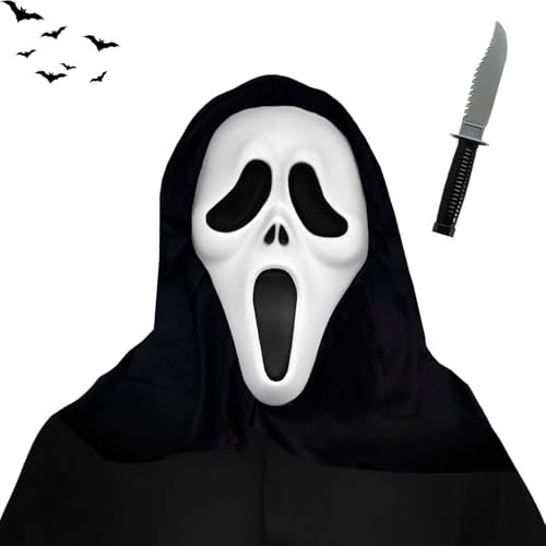 AOMAIGAD Máscara de Grito de Halloween, Ghost Face Mask con Cuchillo Falso, Fantasma Scream Máscara, Máscara fantasma, para Halloween Carnaval Cosplay (1 Mascarilla + 1 Cuchillo)